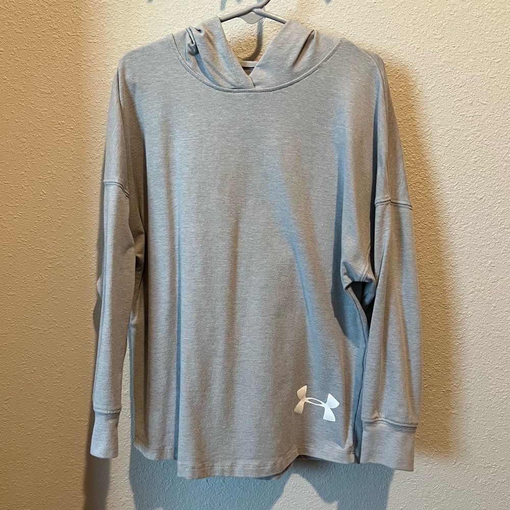 Under Armour size yxs gray hooded long sleeve with GIRL BOSS graphic on the back
